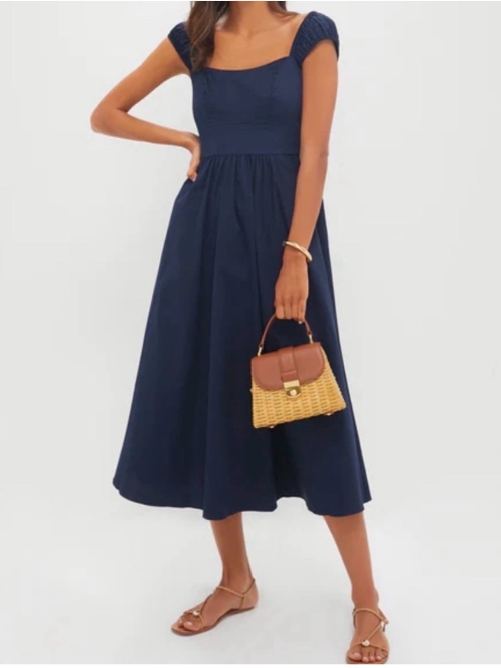 Classic Navy Square-Neck Midi Dress with Cap Sleeves
